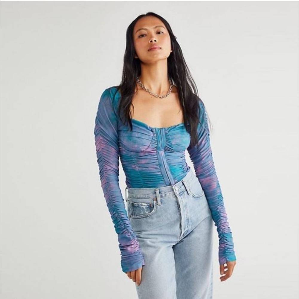 Free People All Night Top L Blue Purple Mesh Ruched Corset Y2K Whimsigoth